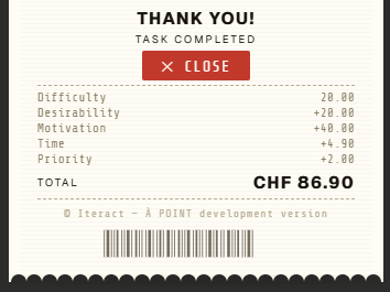 Le Ticket avec l'addition détaillée et le score obtenu